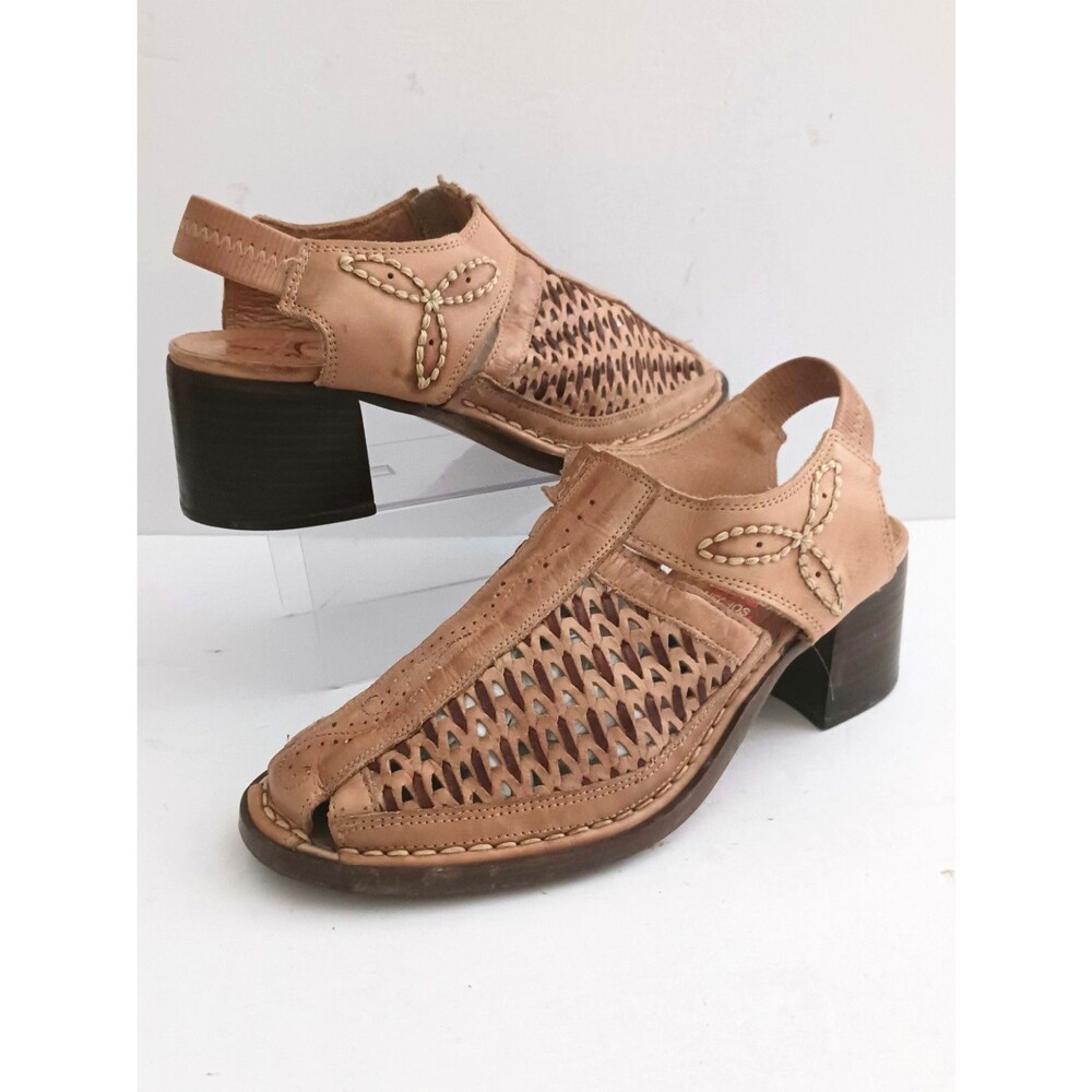 Pikolinos Romano Laser Cutout Caramel Leather Block Heel Slingback Sandal 37/6.5